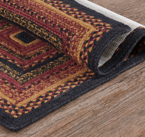 VHC Brands Heritage Farms rectangle braided jute area rug, burgundy, black, mustard, 60" x 96", close up.