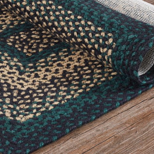 VHC Brands rectangle braided jute rug, green, black, tan, 60" x 96", close up.