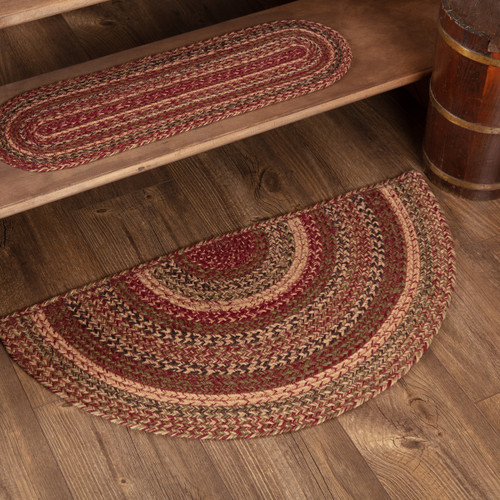 VHC Brands Cider Mill half circle jute braided rug, burgundy & olive green, 16.5" x 33", pictured at base of stairs.