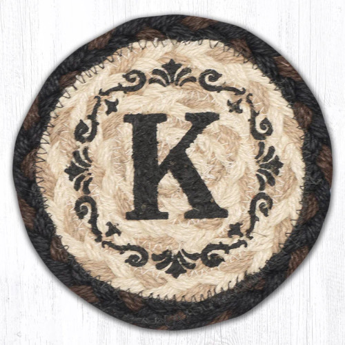 Round Hand Stenciled Coaster with K Monogram Design 