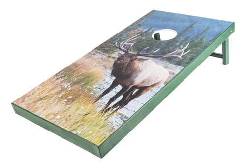 Amish handcrafted cornhole game set with bull elk scene. Poly construction and easy carry handles.