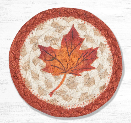 Maple Leaf  Earth Rugs™ Braided Jute 5" Round Coaster