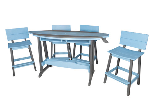 Amish handcrafted surboard style poly outdoor dining set, powder blue and dark gray.