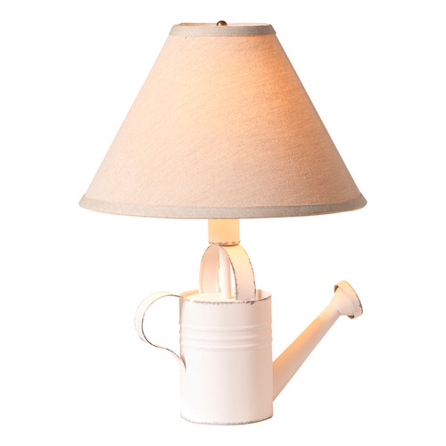 Irvin's Tinware Watering Can Lamp in Rustic White with Ivory Linen Shade