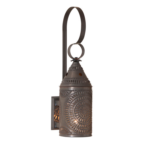 Irvin's Tinware Punched Tin Electrified Wall Lantern With Chisel Design Finished In Kettle Black