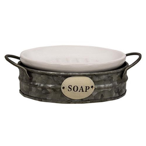 Galvanized Metal Tin Wash Tub with Ceramic Soap Dish  Antique Vintage Style 