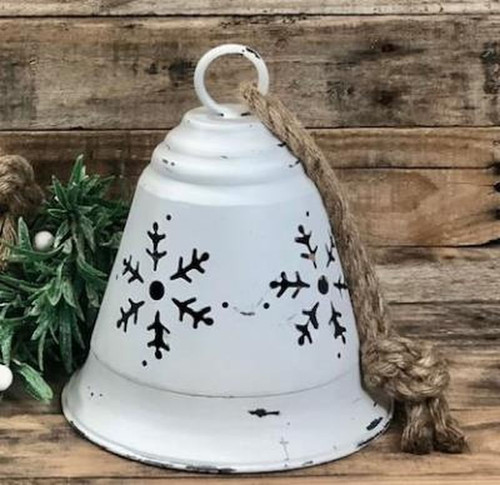 Distressed White Metal Bell with Snowflake Cutouts 22DN043