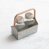 Salt and Pepper Shakers in Corrugated Metal Caddy