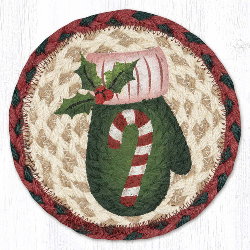 100% Jute Coasters - Candy Cane Mitten Large Braided Coaster - Earth Rugs LC-875