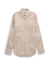 Women's Cowboygirl Vintage Ecru Quilt Print Granddaddy Snap Shirt