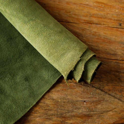 Goat suede leather in olive green – velvety finish hide for luxury leathercraft