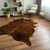 Brown cowhide rug on wooden floor in cozy living room with chair and plants