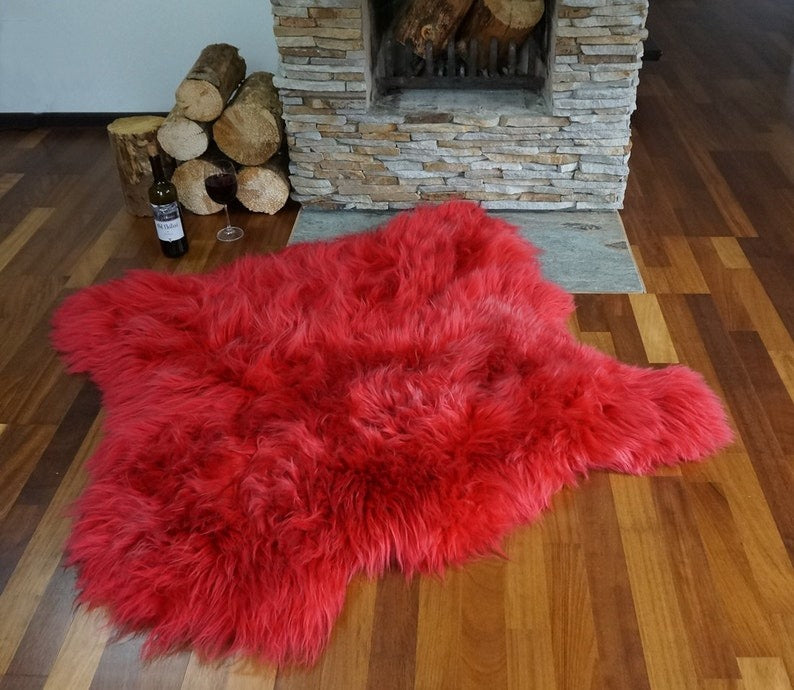 red sheepskin rug