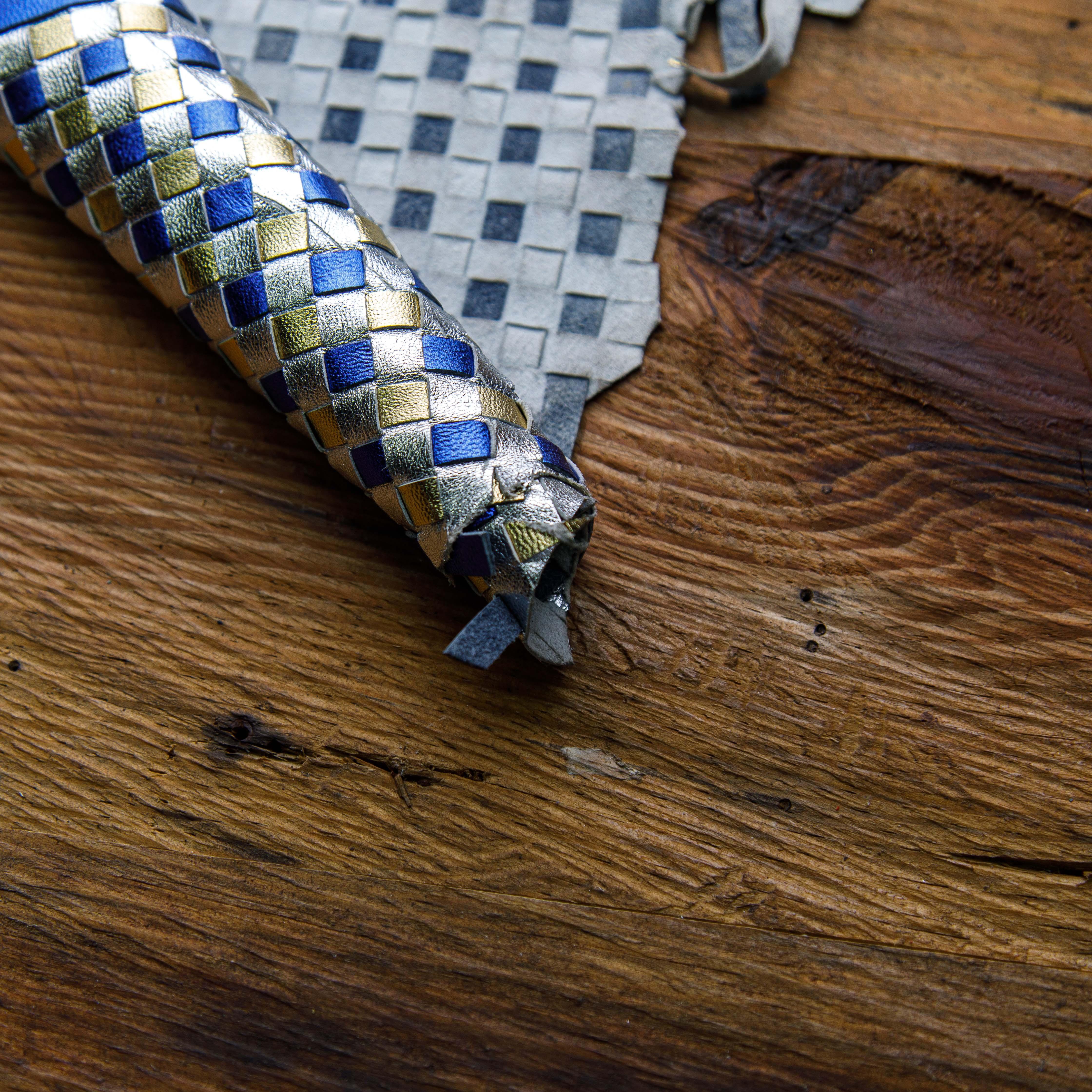 Metallic woven leather in blue, silver, and gold – premium cowhide for luxury crafts