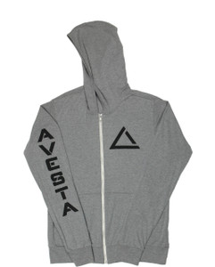 Grey women's light weight fitness zip up sweatshirt with black activewear logo.