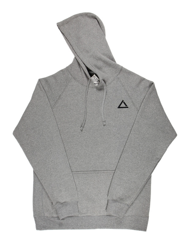 Grey women's raglan fitness hoodie sweatshirt with black logo.