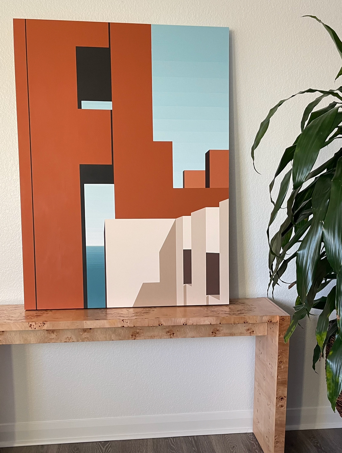 Hard edge mid-century modern Muralla Roja paintings by Glenna Morgio