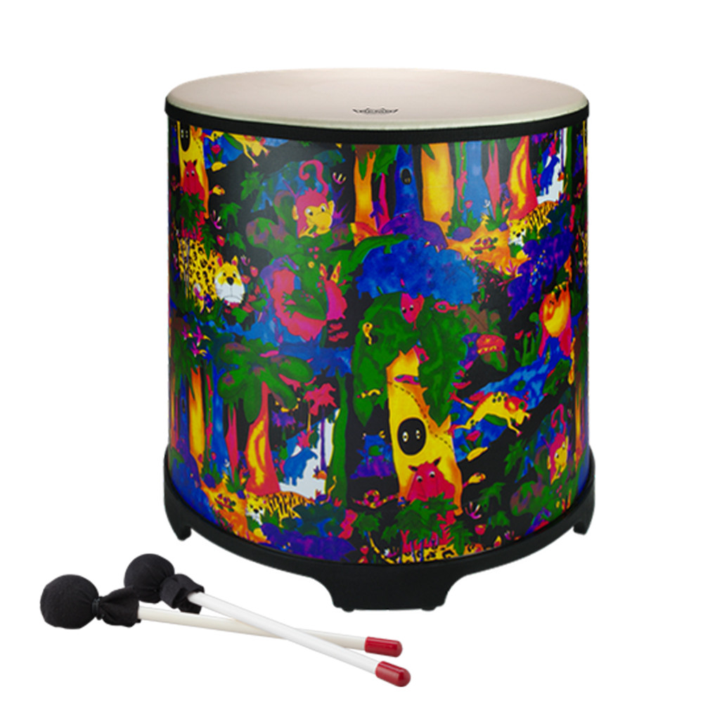 18” Gathering drum with Comfort Sound Technology® pre-tuned drum head. 21” high with moulded feet. Mallets included. Covered in bright and colourful fabric - rainforest finish.