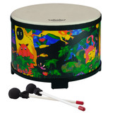 10” floor or table tom with Comfort Sound Technology® pre-tuned drum head. 7.5” high with moulded feet. Mallets included. Covered in bright and colourful fabric - rainforest finish.