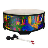 18” Gathering drum with Comfort Sound Technology® pre-tuned drum head. 8” high with moulded feet. Mallets included. Covered in bright and colourful fabric - rainforest finish.