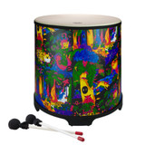 18” Gathering drum with Comfort Sound Technology® pre-tuned drum head. 21” high with moulded feet. Mallets included. Covered in bright and colourful fabric - rainforest finish.