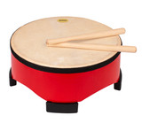 Painted wooden shell with 4 large rubber feet. Natural hide pre-tuned head. Pair of wooden beaters included. Red finish.