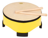 Painted wooden shell with 4 large rubber feet. Natural hide pre-tuned head. Pair of wooden beaters included. Yellow finish.
