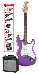 SX metallic purple guitar. Solid basswood body. Select Canadian maple neck with 2 way truss rod. Rockwood fingerboard. 22 frets. 3 single coil pickups. 1 volume and 2 tone controls. 5 way switch. 3 ply white scratchplate. Chrome diecast machine heads and vintage tremolo bridge.
Note: This guitar is not available separately. SX AGA1065 10 watt amplifier with 6½” speaker Plus: SX clip-on tuner, 7mm padded gig bag, strap, picks, lead and UPlay Guitar Guide with free online lessons. 2 full colour display boxes. Metallic purple.