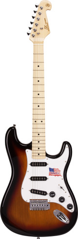 Solid American alder body. Bolt-on, one piece select maple neck and fingerboard with black dot inlays. 21 frets. 25½" scale. 3 single coil pickups. 1 volume and 2 tone controls. 5 way switch. Black pickup covers and knobs. 3 ply white scratchplate. Chrome diecast machine heads with chrome buttons. Vintage tremolo. D'Addario strings. Supplied with UPlay Guitar Guide and free online lessons. 3 tone sunburst.