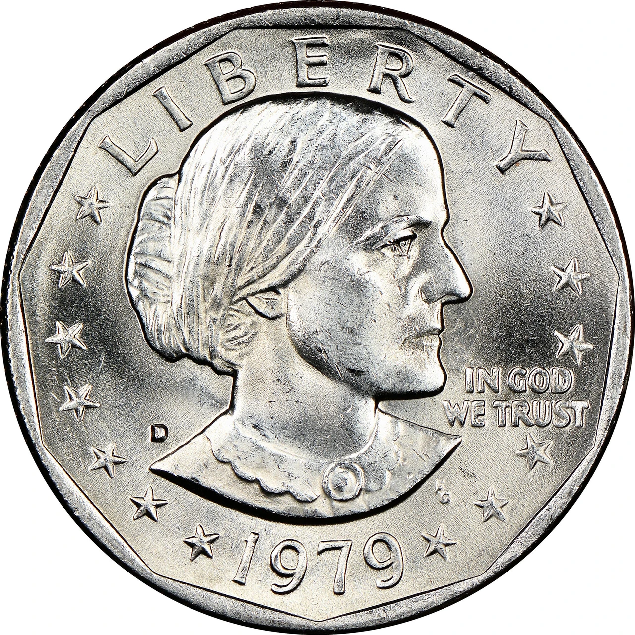 1979-P Susan B. Anthony dollar obverse showing Anthony portrait and eleven-sided inner border