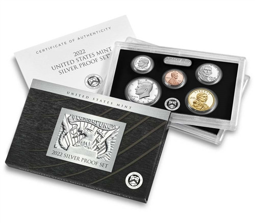 2022 U.S. Mint Silver Proof Set showing mirror-finish proof coins in the Mint's hard plastic lens