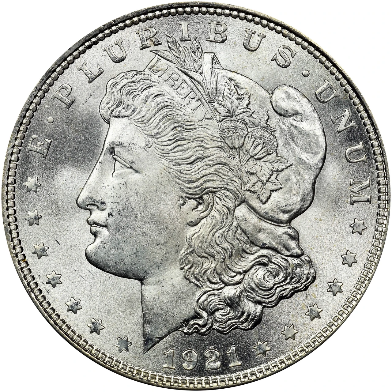 1921 Morgan silver dollar obverse, the final year of the classic Morgan dollar series