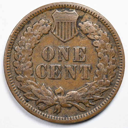 Reverse of an authentic 1909-S Indian Head cent showing the oak wreath, shield, and ONE CENT
