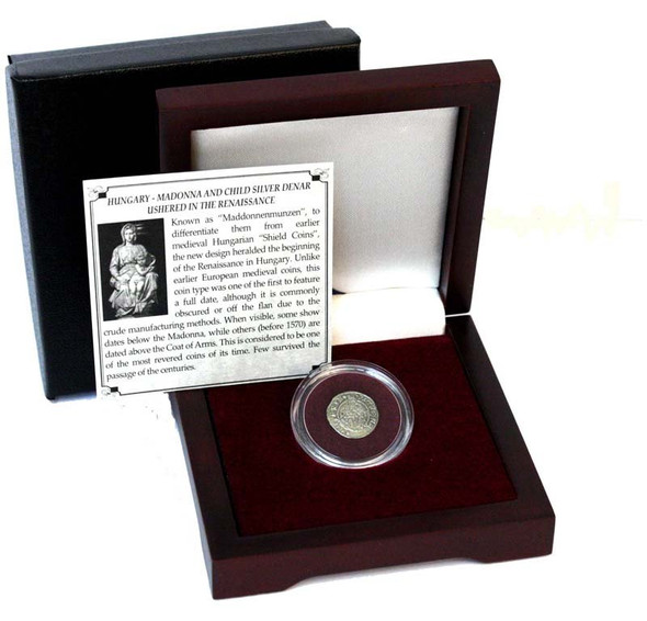 Madonna & Child Box: Virgin Mary and baby Jesus Silver Denar of Hungary (One-Coin Box)