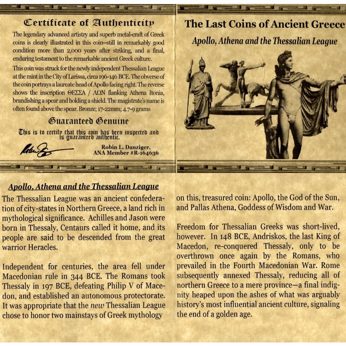 The Last Coins of Ancient Greece Box: The Thessalian League with Coin of Apollo/Athena (One-Coin Box)