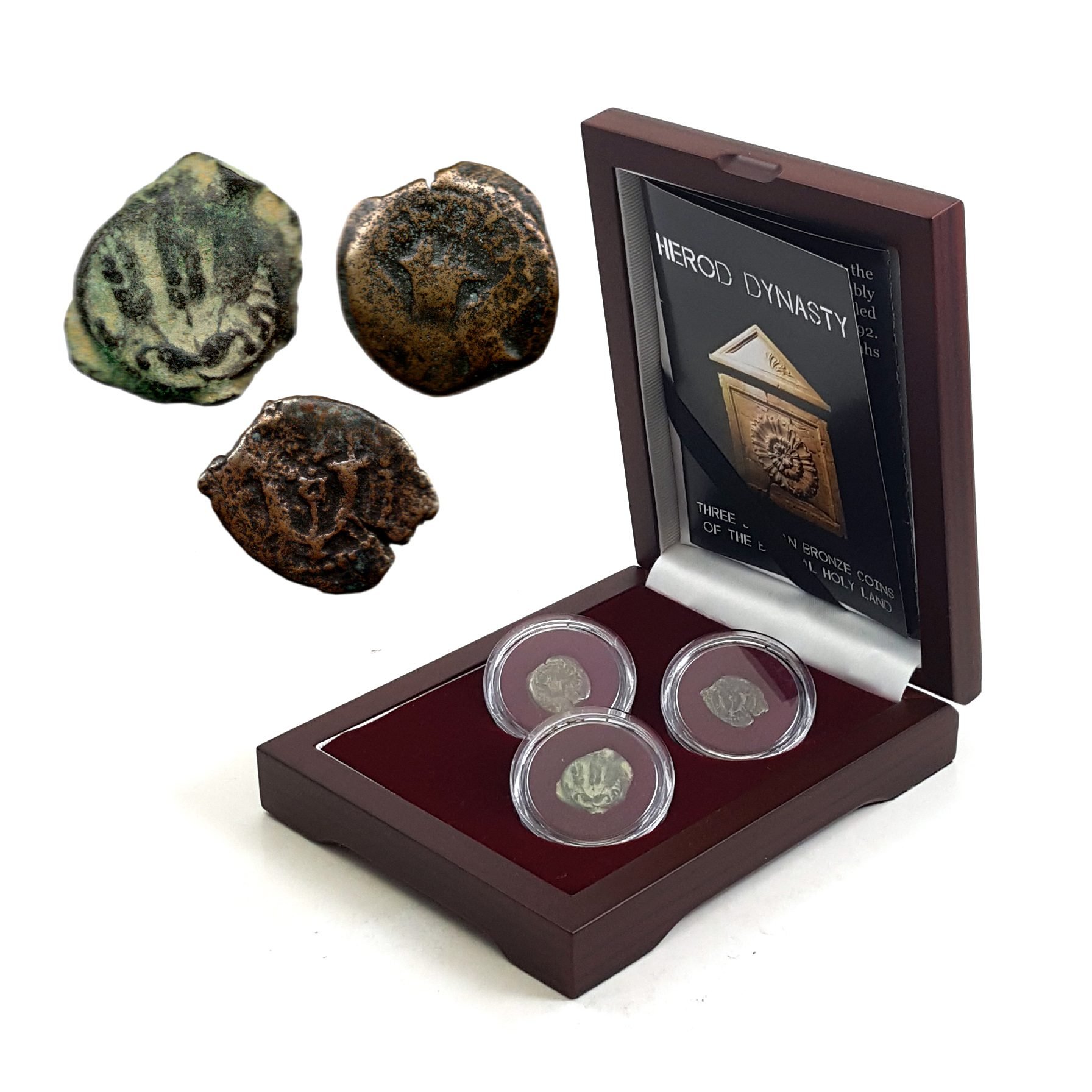Herod Dynasty: Three Judaean Bronze Coins of the Biblical Holy Land (Three-Coin Box)