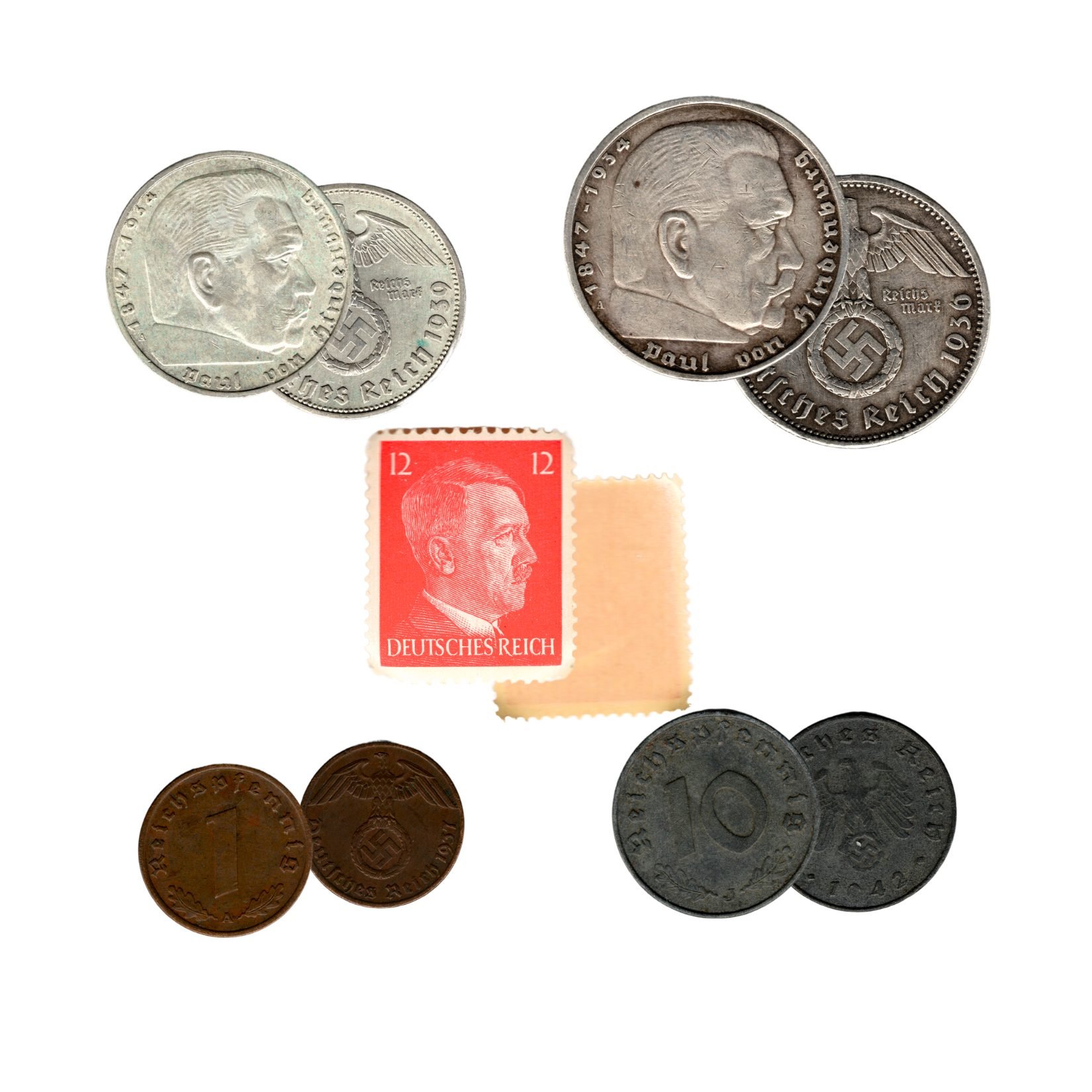 Adolf Hitler: A collection of four coins and one stamp (Five-Coin Box)