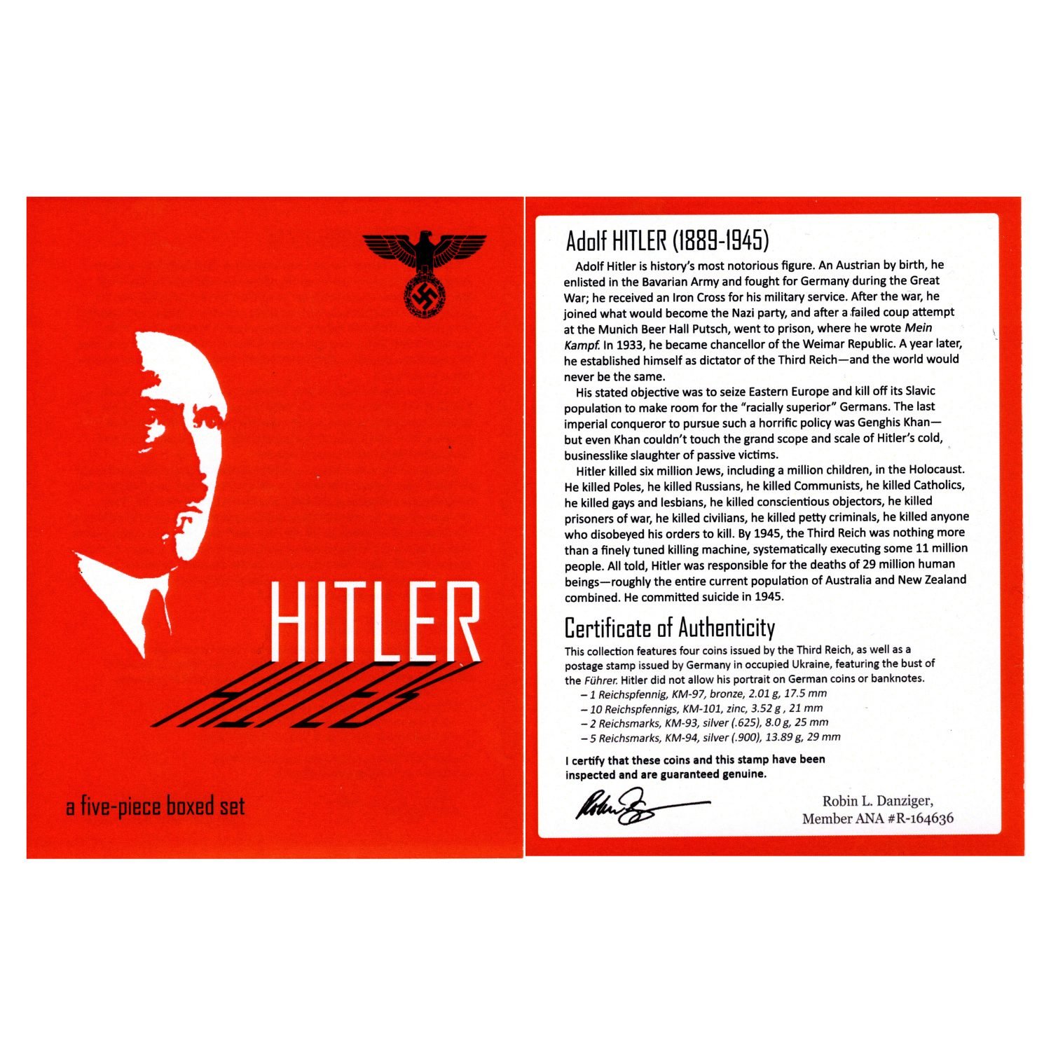 Adolf Hitler: A collection of four coins and one stamp (Five-Coin Box)