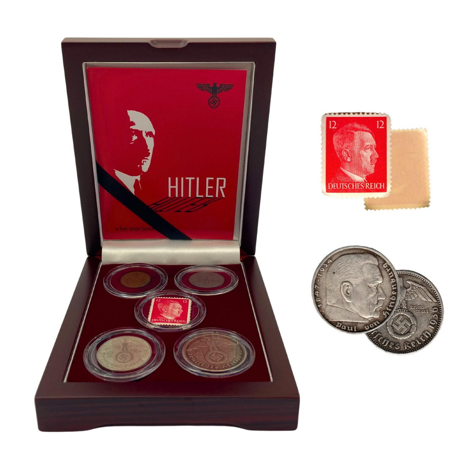 Adolf Hitler: A collection of four coins and one stamp (Five-Coin Box)