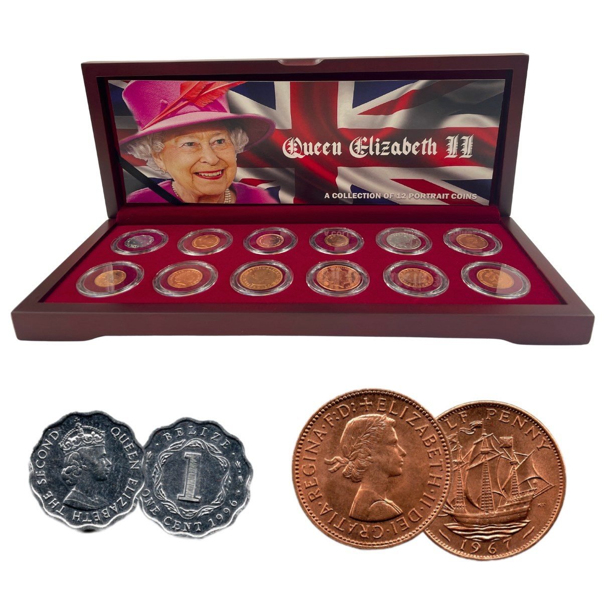 Queen Elizabeth II: A Collection of 12 Portrait Coins (Wooden Box Set)