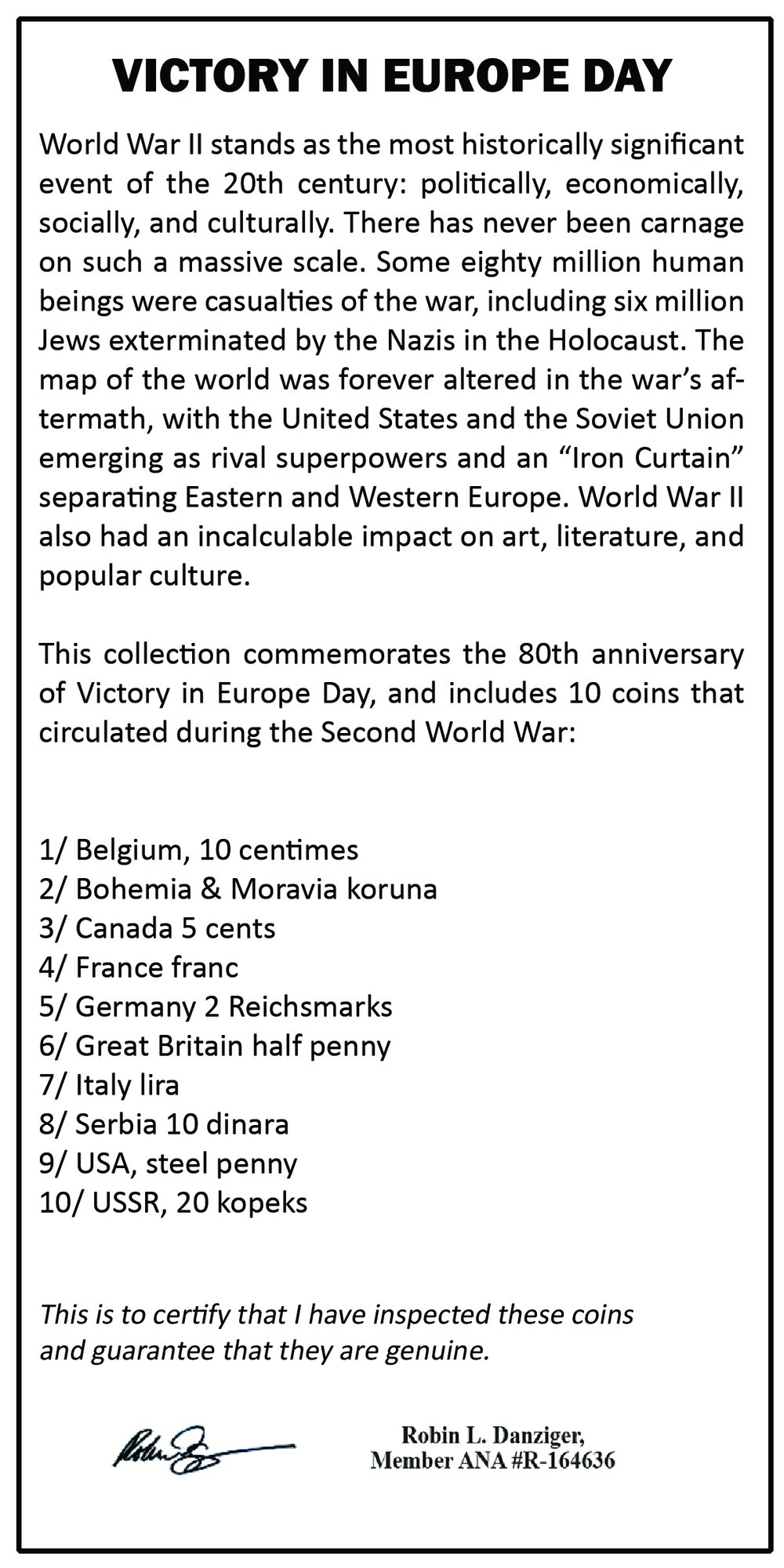 Victory in Europe Day, 1945-2025-80th Anniversary / 10 Coin Boxed Collection