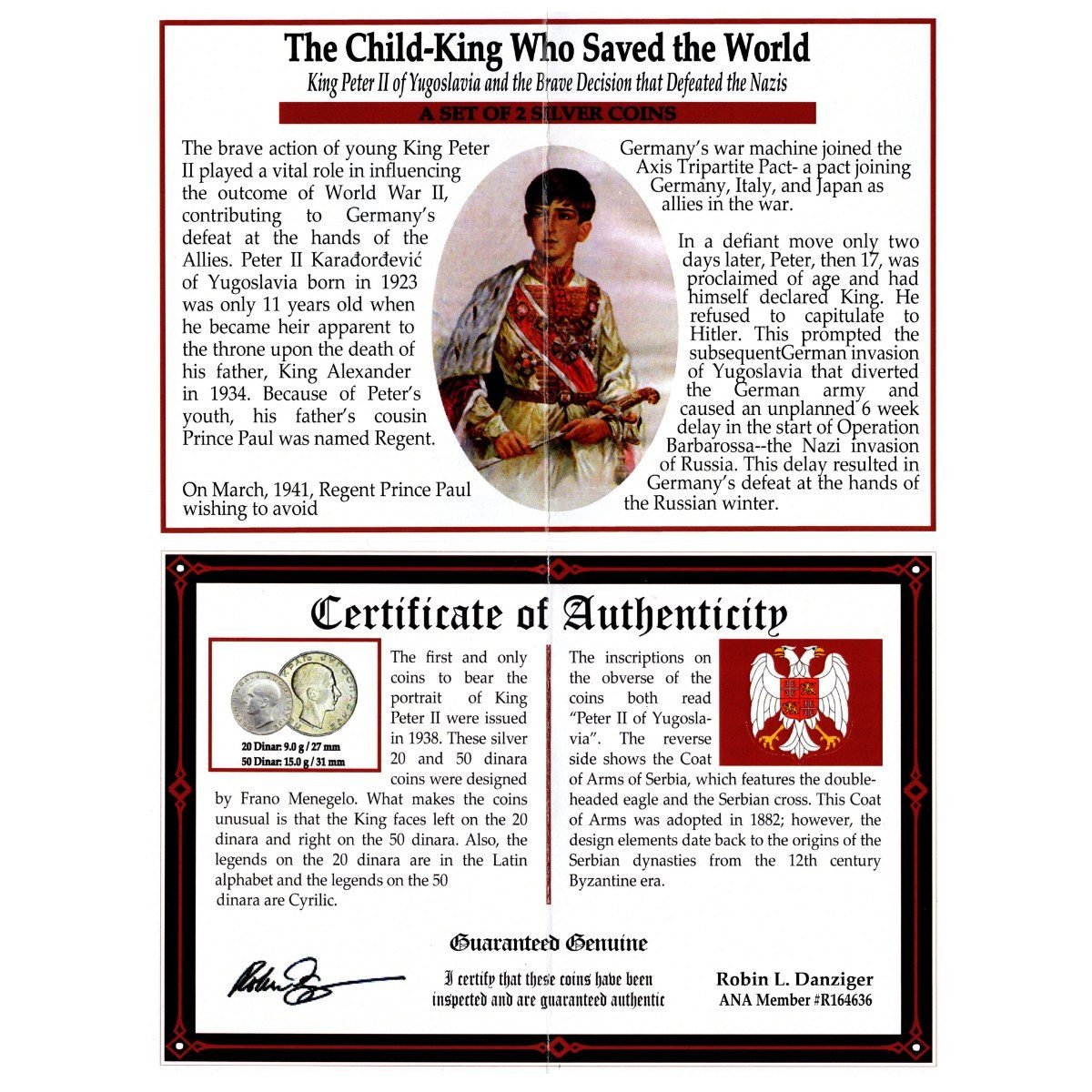 Child King Who Saved the Wold: Yugoslavia's Peter II Box of 2 Silver Coins (Two-Coin Box)