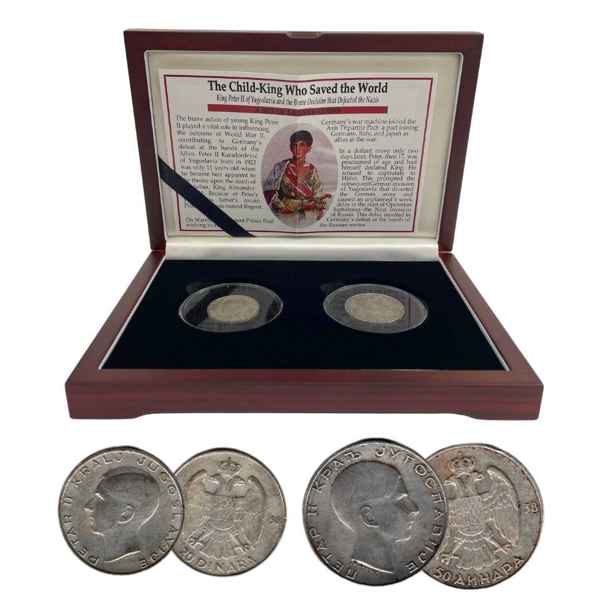 Child King Who Saved the Wold: Yugoslavia's Peter II Box of 2 Silver Coins (Two-Coin Box)