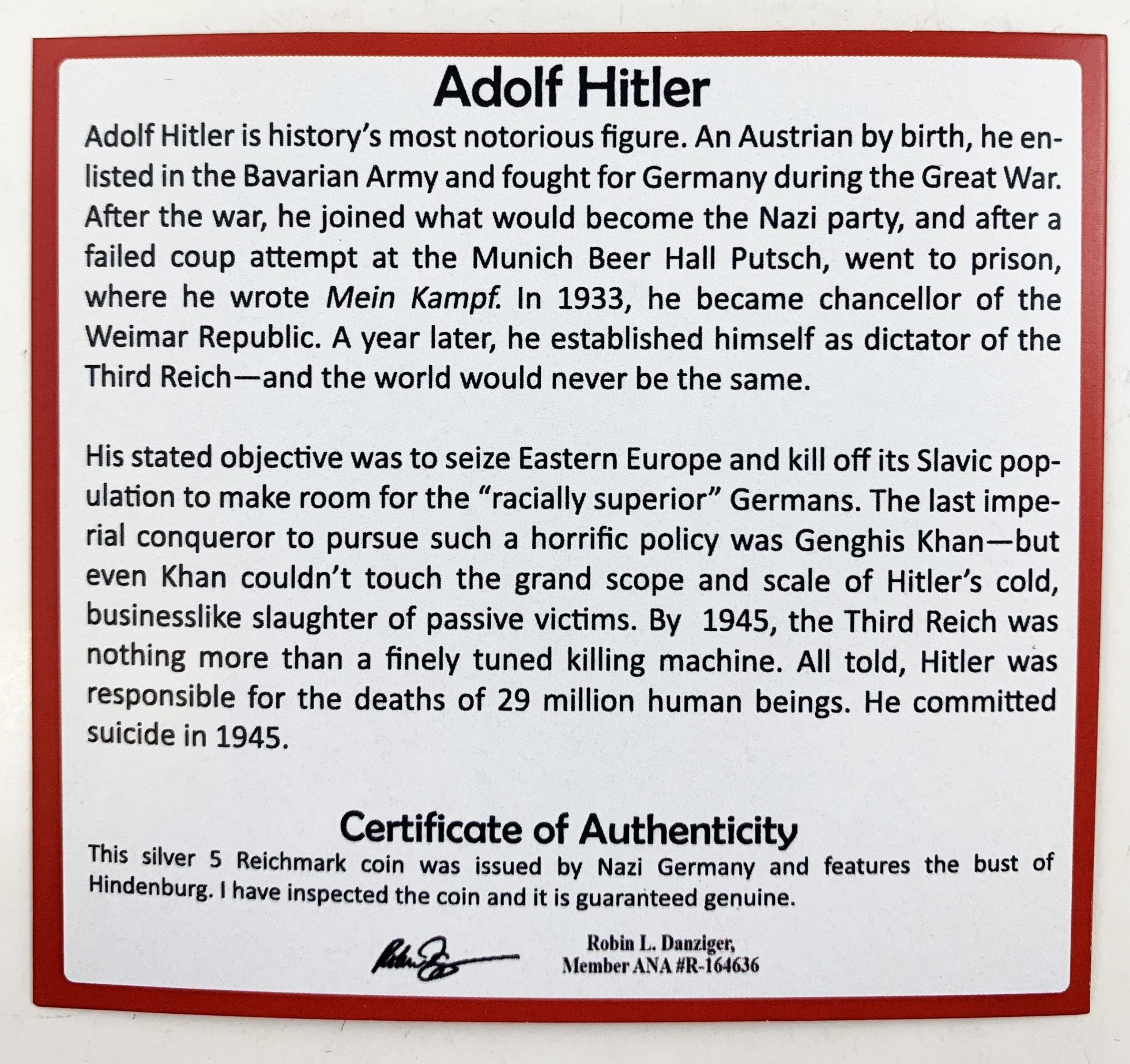 Adolph Hitler: Silver 5 Reichsmark Box (black box)
