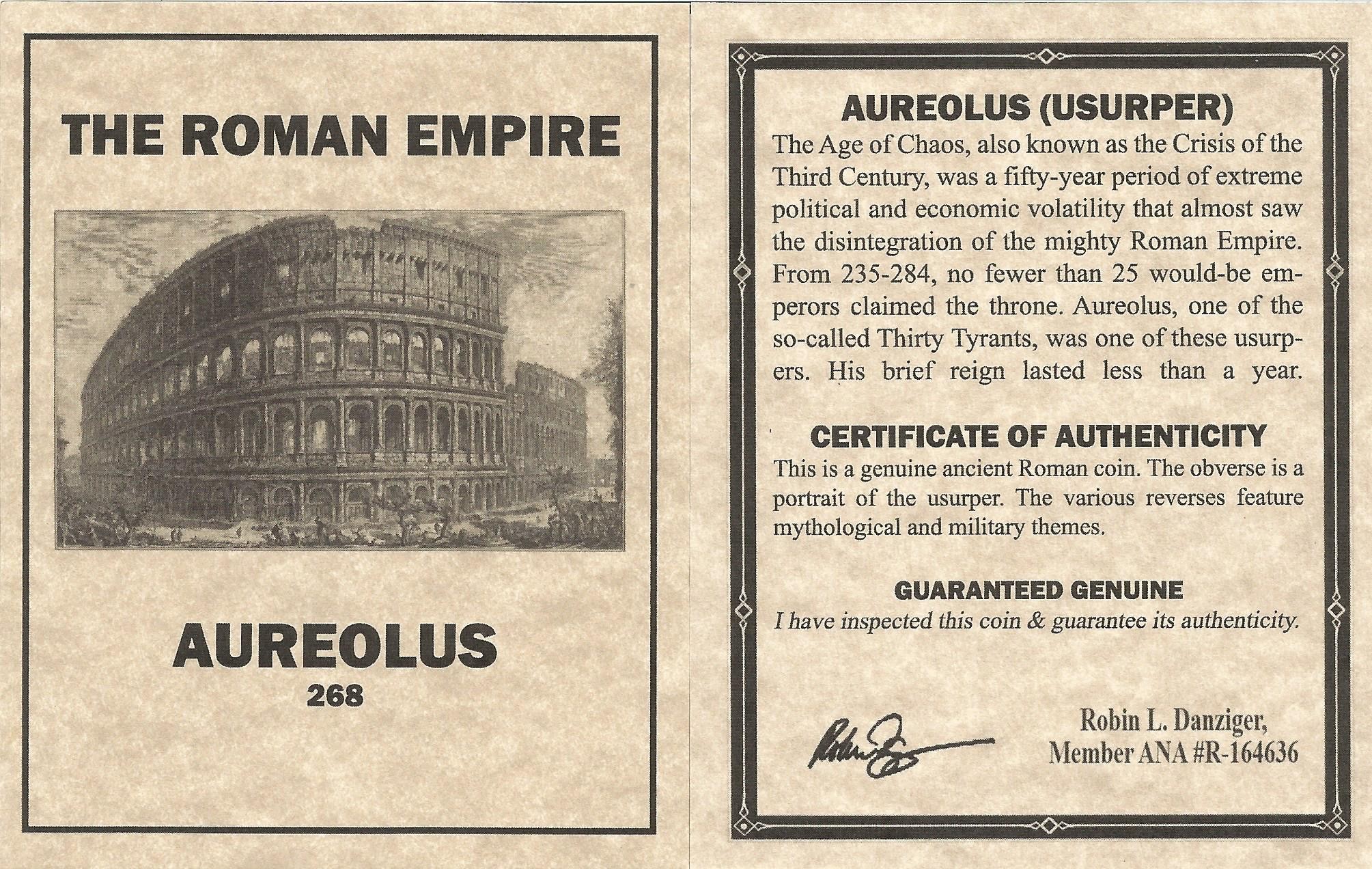 Roman AE of Aureolus NGC (AD268) Issued in the name of Postumus. Graded VG.(VG)