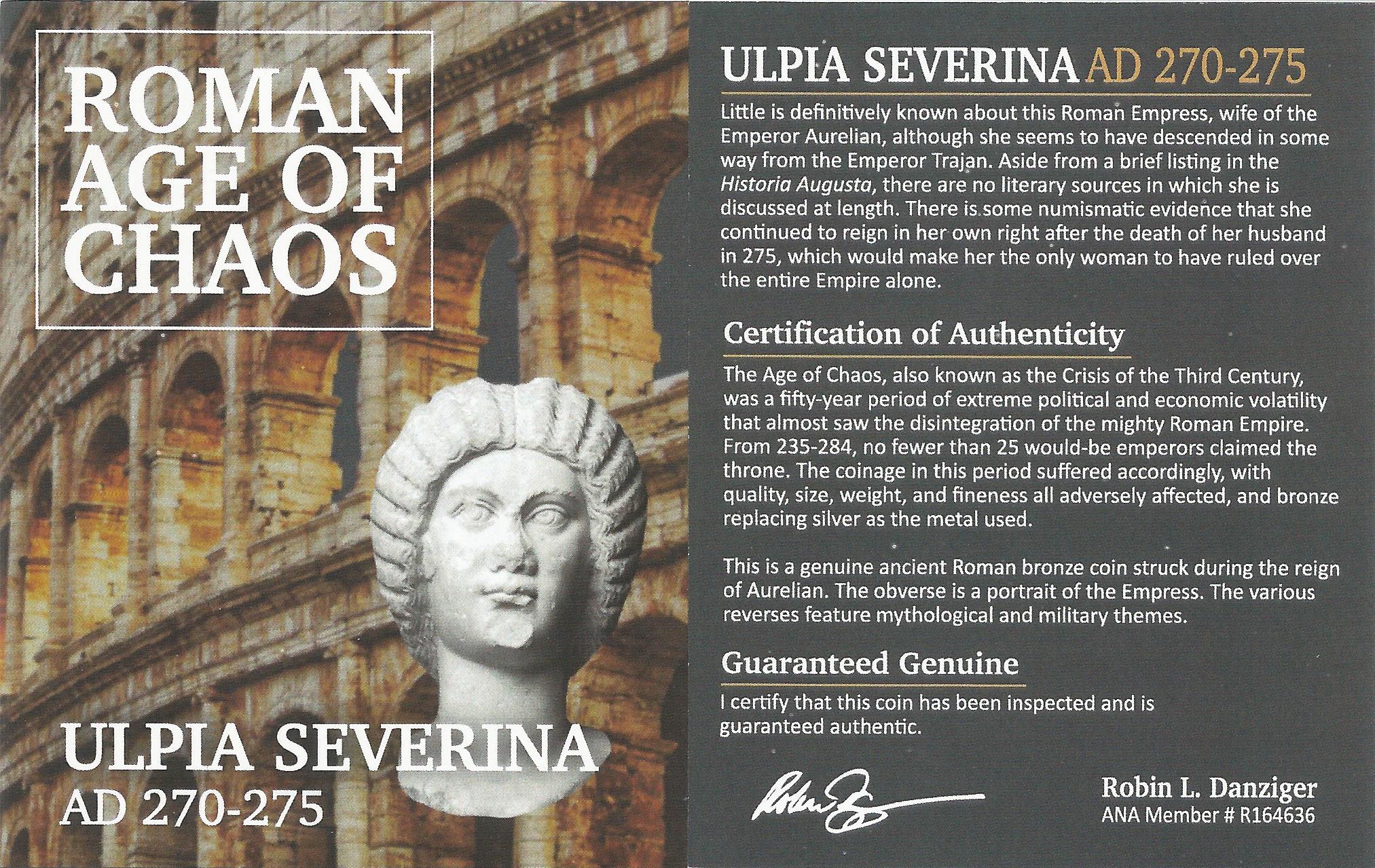 Roman AE Ulpia Severina (AD270-275) NGC