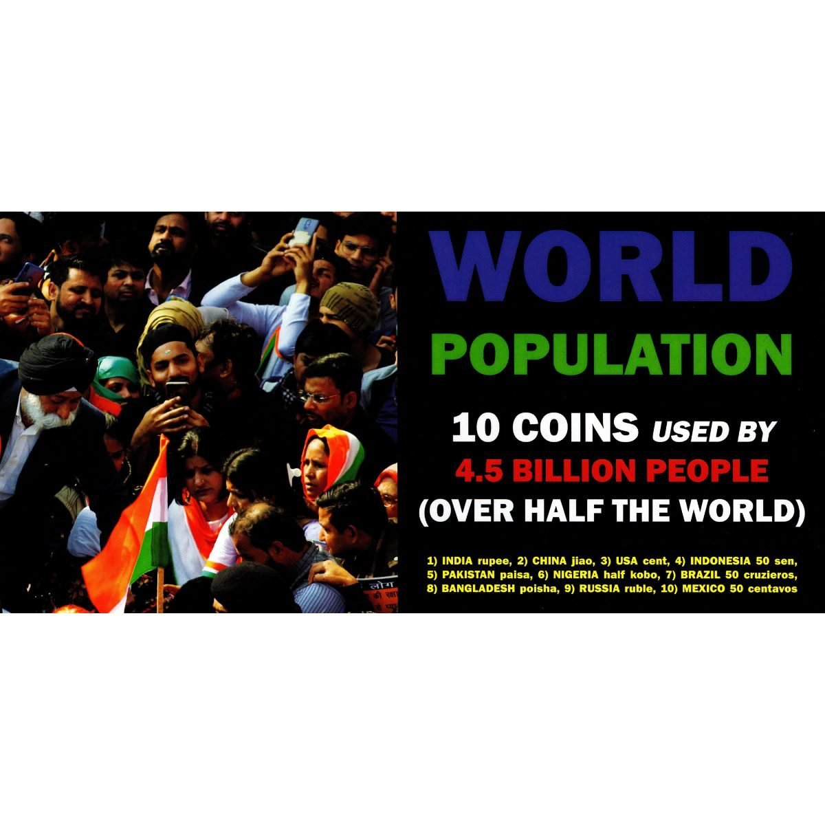 World Population: 10 Coins used by 4.3 Billion People (Over Half the World)