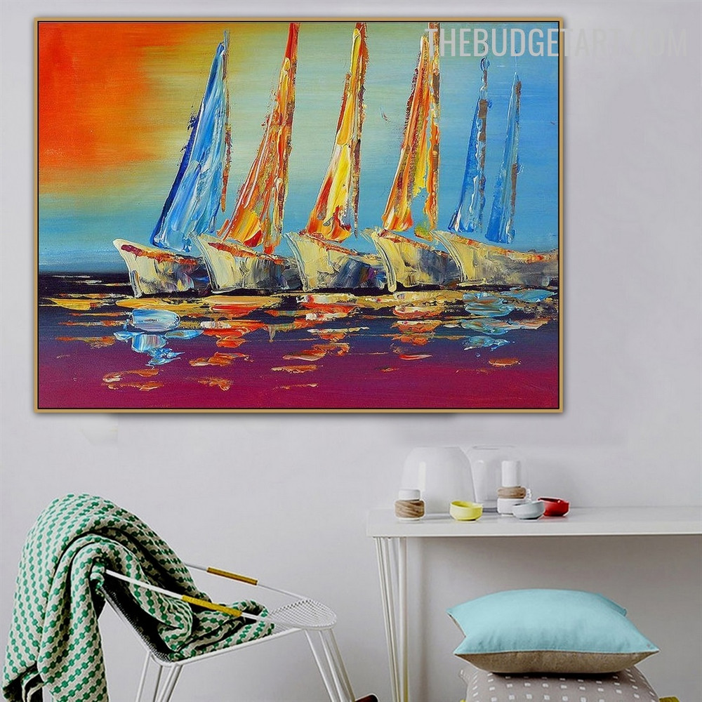 Skiffs Sea Abstract Landscape Handmade Knife Canvas Painting for Room Wall Getup