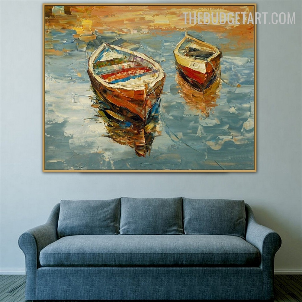 Jolly Boat Abstract Landscape Handmade Knife Canvas Painting for Room Wall Embellishment
