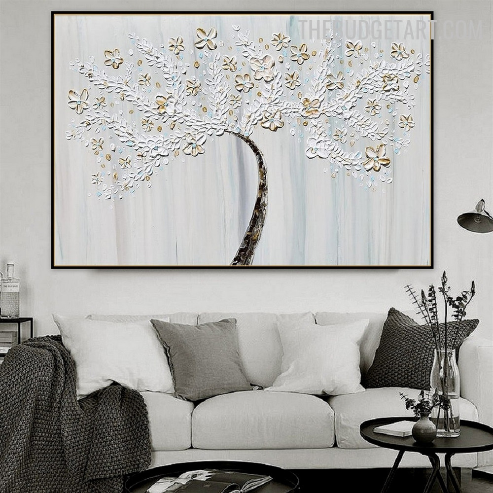 Sapling Leaflets 100%Handmade Heavy Texture Modern Flower Wall Art on Canvas for Room Adornment